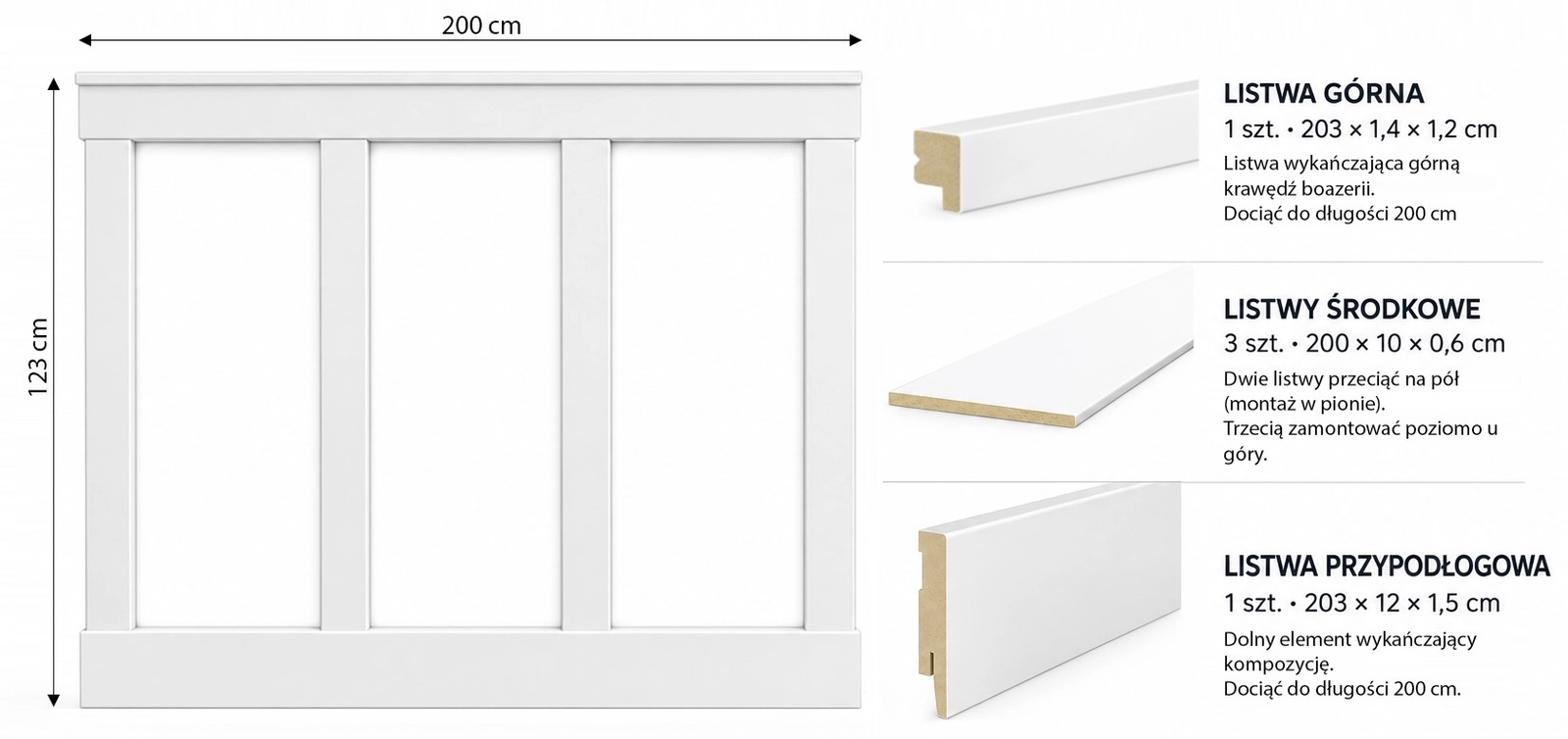 Boazeria ścienna FRAME do malowania - długość 200 cm, wysokość 123 cm