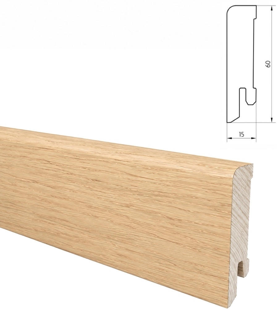 PRÓBKA 20 CM - Listwa przypodłogowa drewniana do malowania, dąb europejski surowy, 60x15 mm