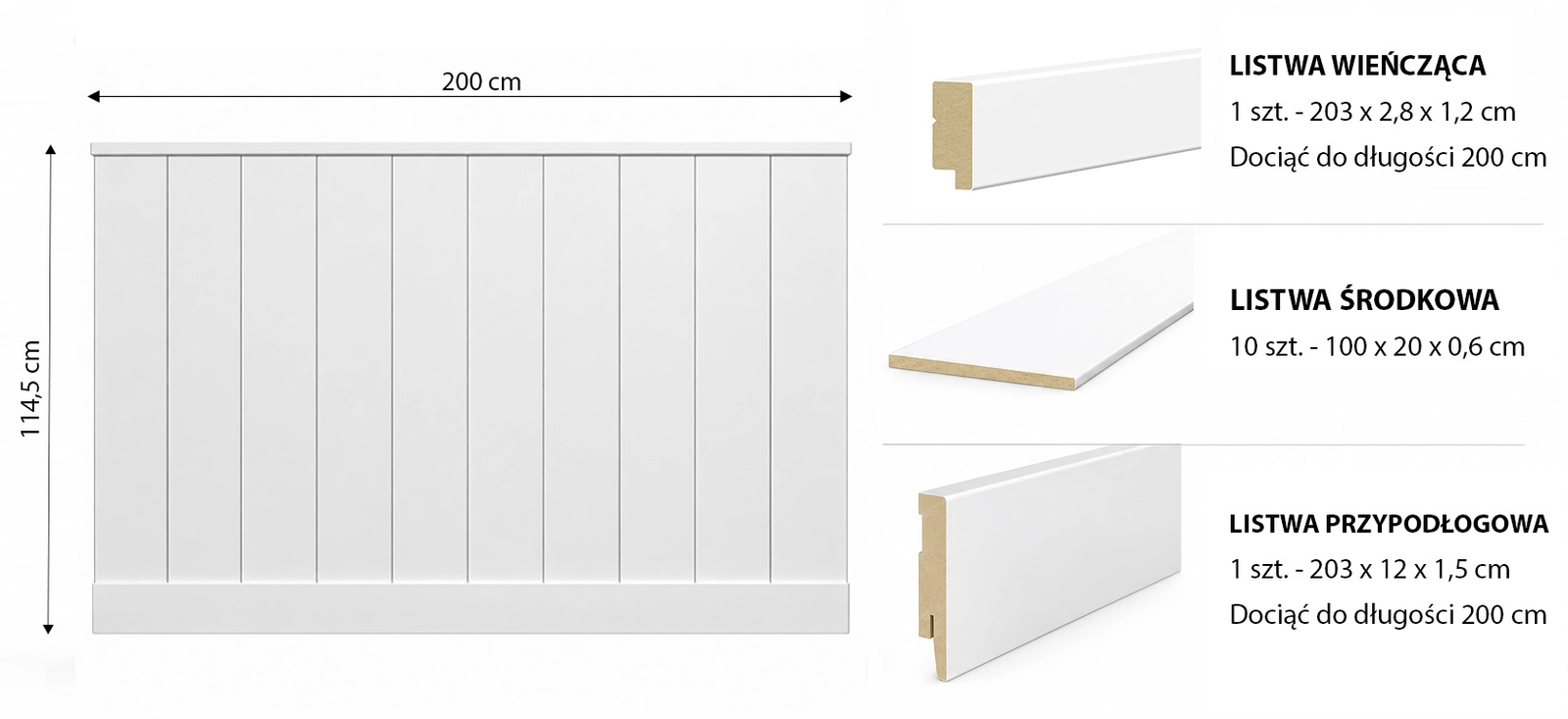 Boazeria ścienna LOFT do malowania - długość 200 cm, wysokość 114,5 cm + Farba biały RAL9003