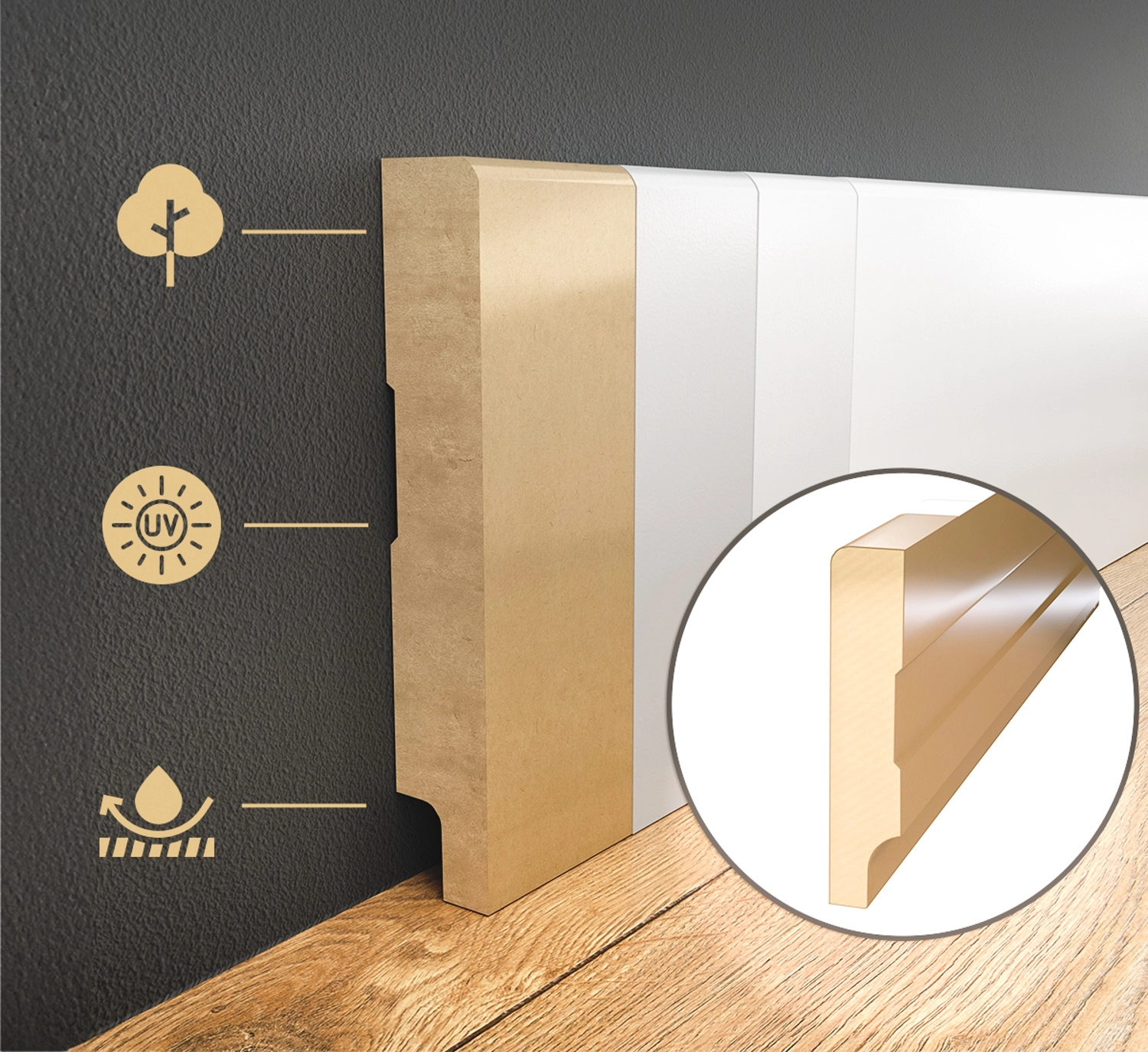 PRÓBKA 20 CM - Listwa przypodłogowa MDF lakierowana biała z wodoodporną powłoką TRIO SLIM 8cm