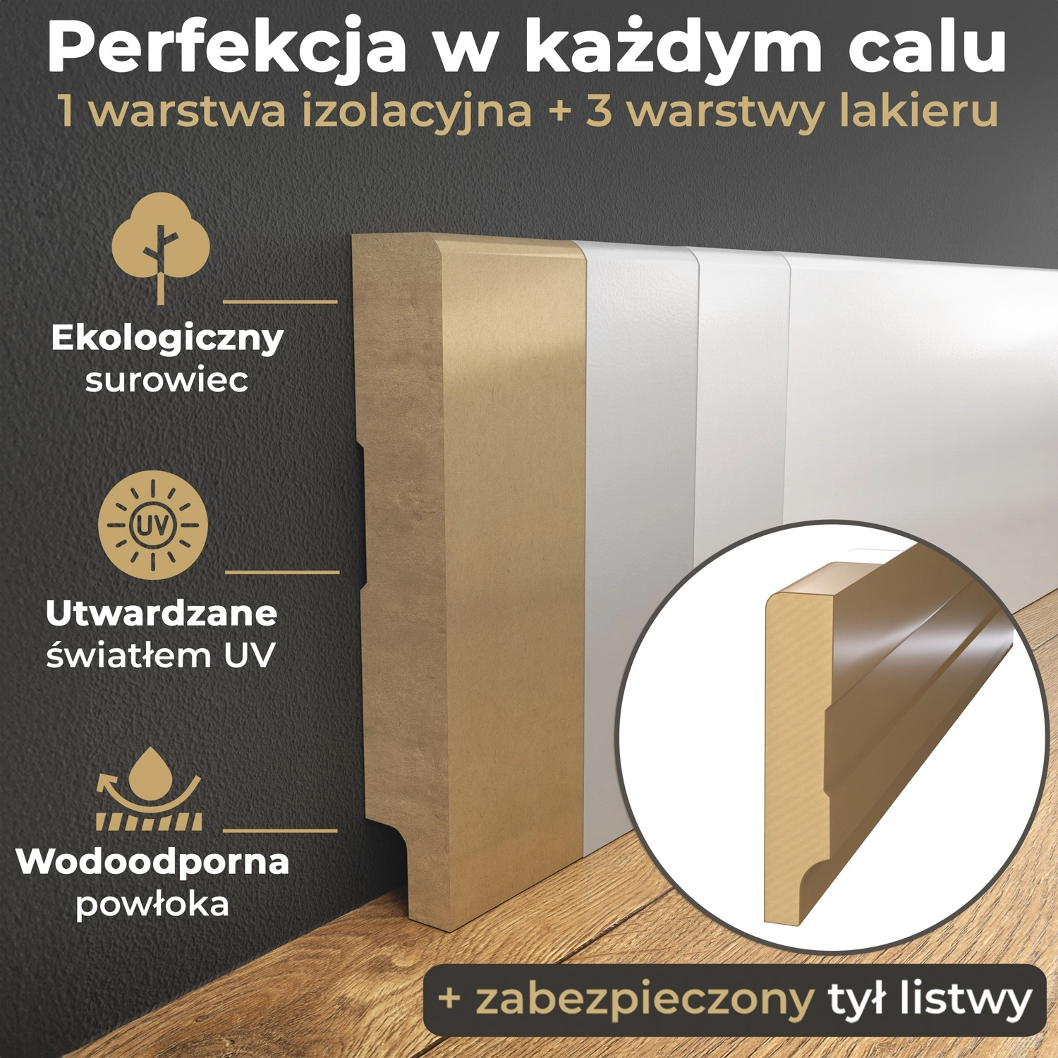 PRÓBKA 20 CM - Listwa przypodłogowa MDF lakierowana biała z wodoodporną powłoką TRIO SLIM 8cm